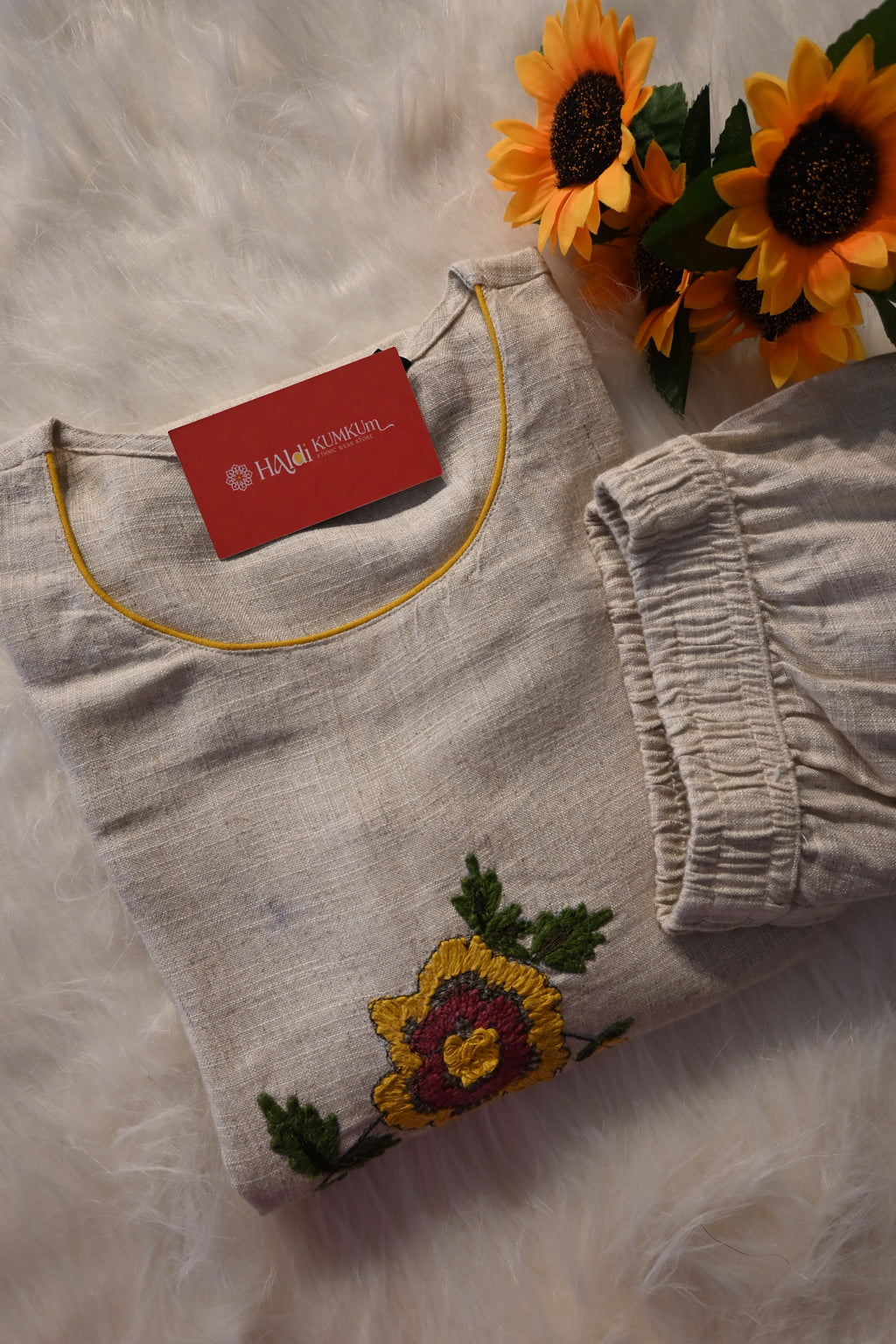 Beige Khadi Cotton Co-Ord Set for Women | Hand Embroidered Kurta Pant Set