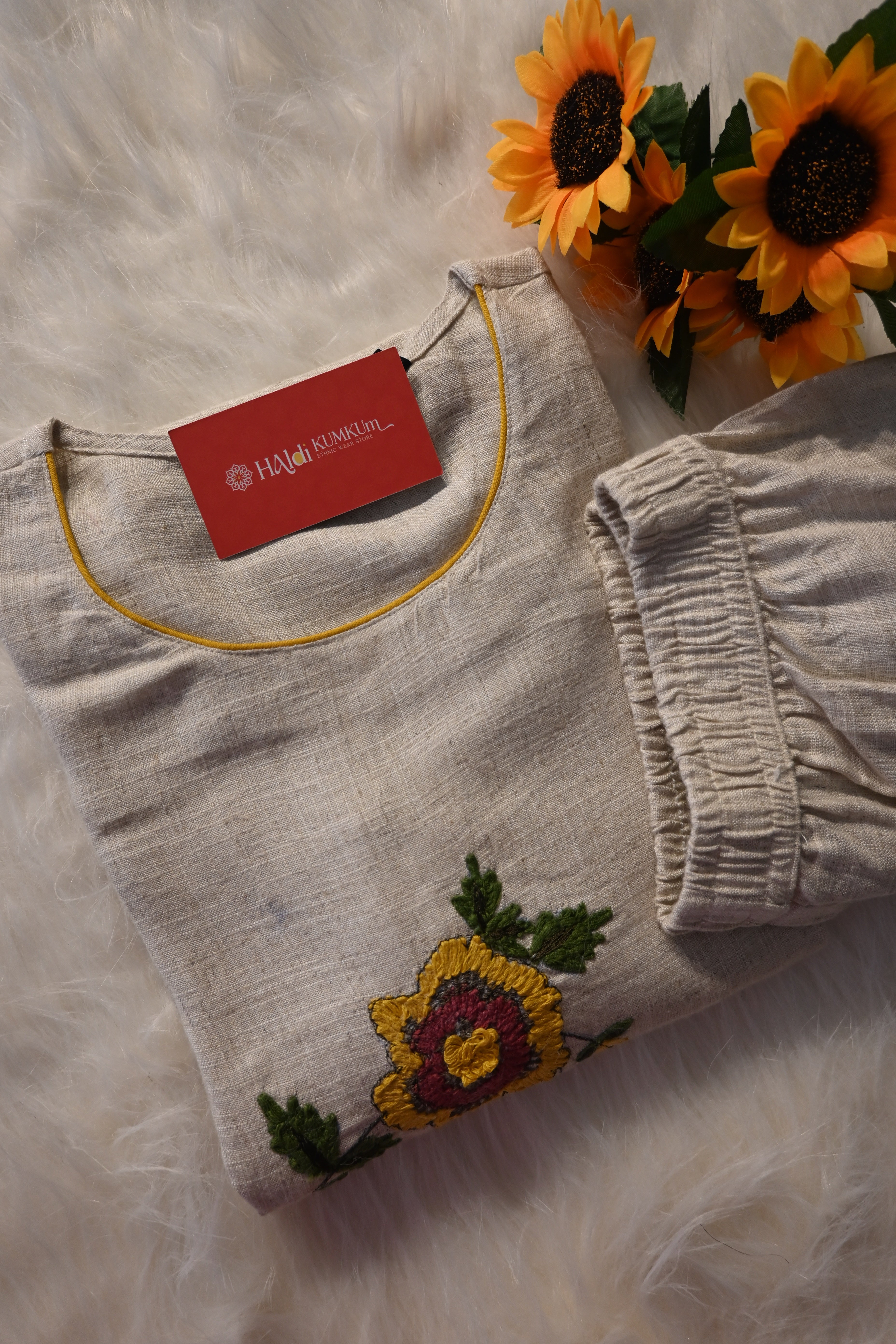 Beige Khadi Cotton Co-Ord Set for Women | Hand Embroidered Kurta Pant Set