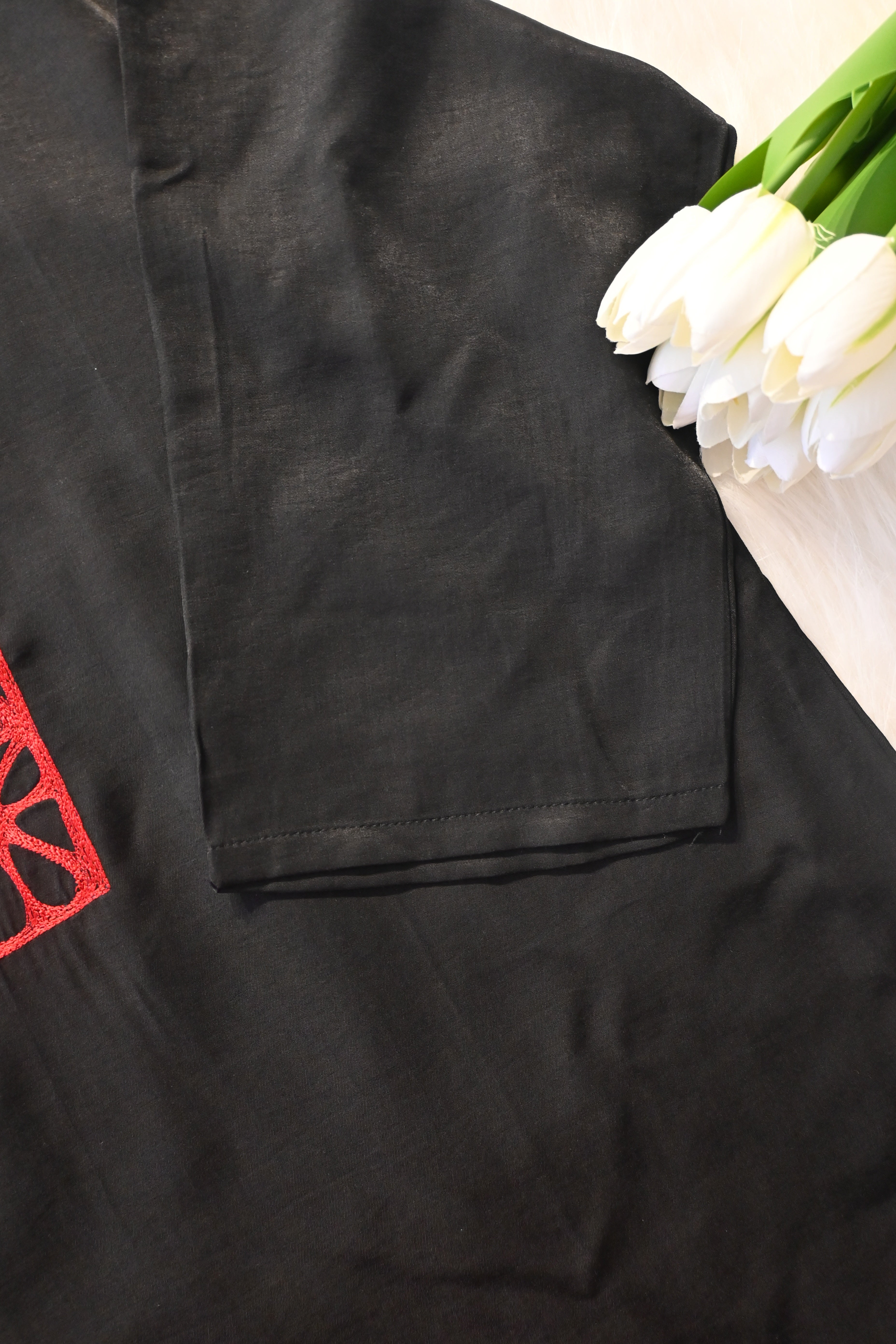 Black Minimal Co-Ord Set with Red Embroidered Neck | Modern Ethnic Cord Set for Women