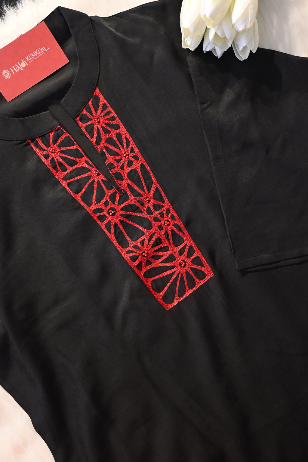 Black Minimal Co-Ord Set with Red Embroidered Neck | Modern Ethnic Cord Set for Women