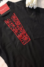 Black Minimal Co-Ord Set with Red Embroidered Neck | Modern Ethnic Cord Set for Women