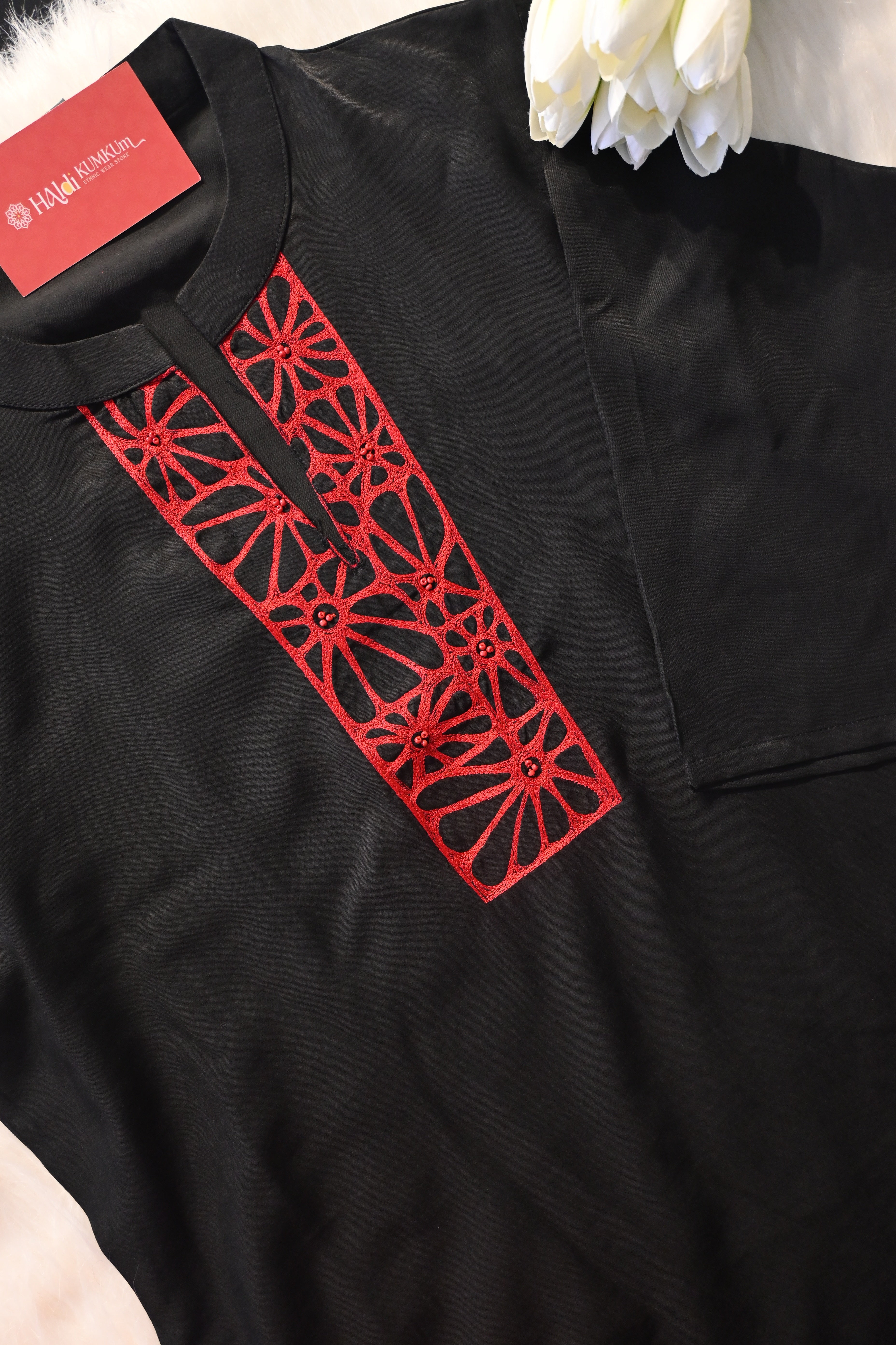 Black Minimal Co-Ord Set with Red Embroidered Neck | Modern Ethnic Cord Set for Women