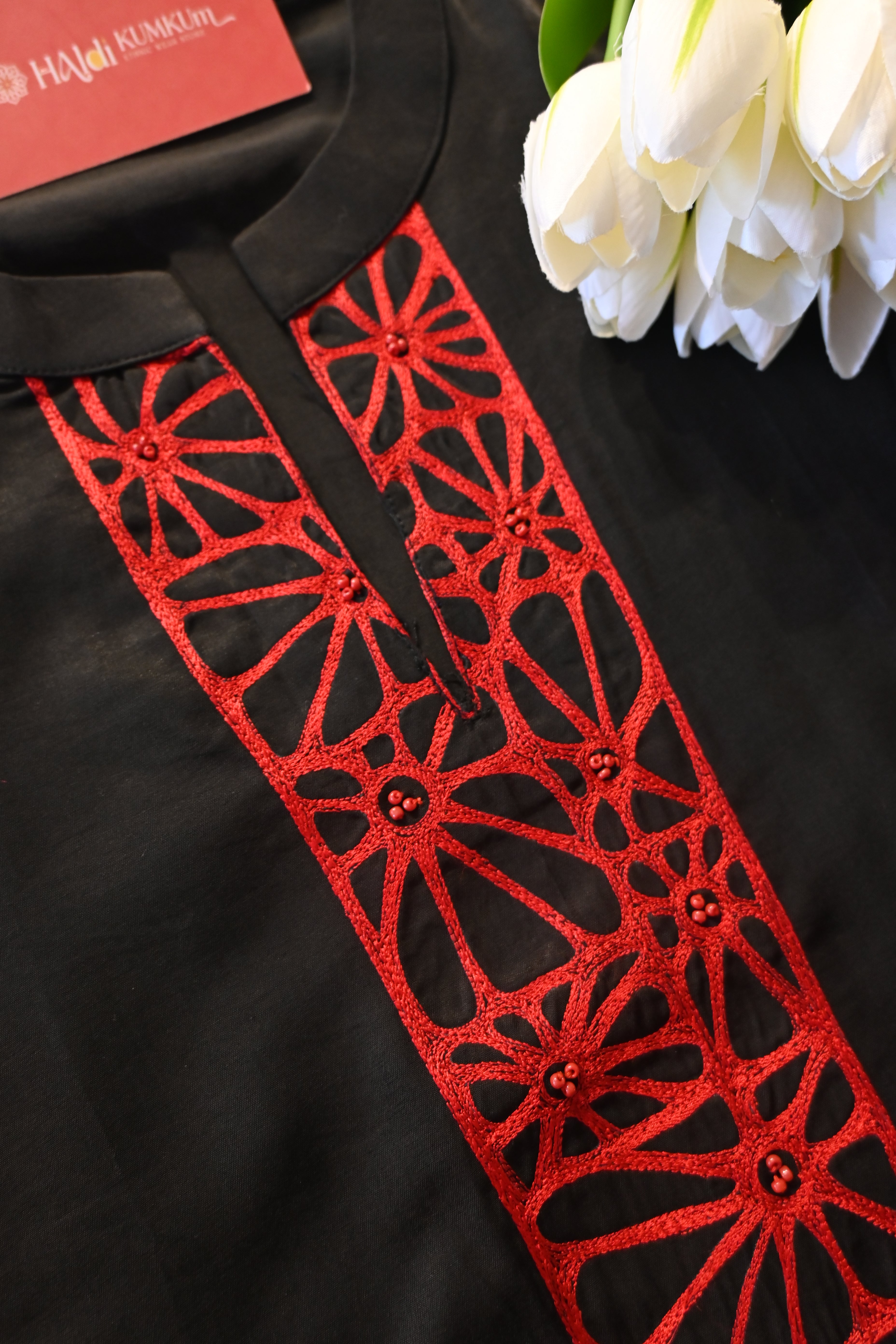Black Minimal Co-Ord Set with Red Embroidered Neck | Modern Ethnic Cord Set for Women