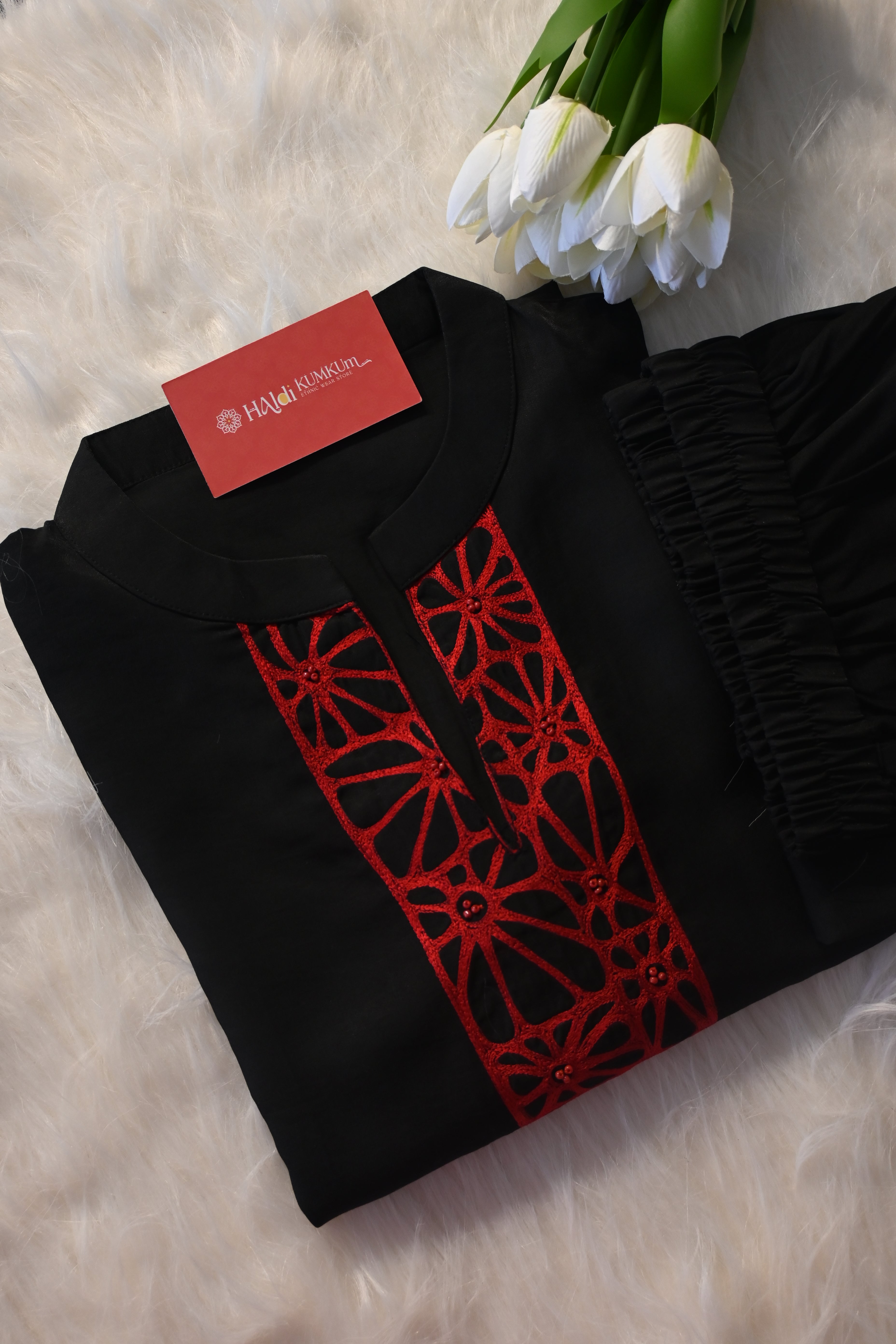 Black Minimal Co-Ord Set with Red Embroidered Neck | Modern Ethnic Cord Set for Women