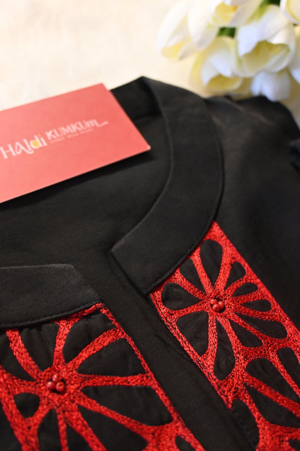 Black Minimal Co-Ord Set with Red Embroidered Neck | Modern Ethnic Cord Set for Women