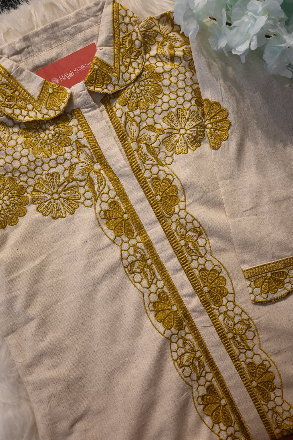 Beige Khadi Cotton Co-Ord Set with Yellow Embroidery | Handcrafted Ethnic Wear for Women