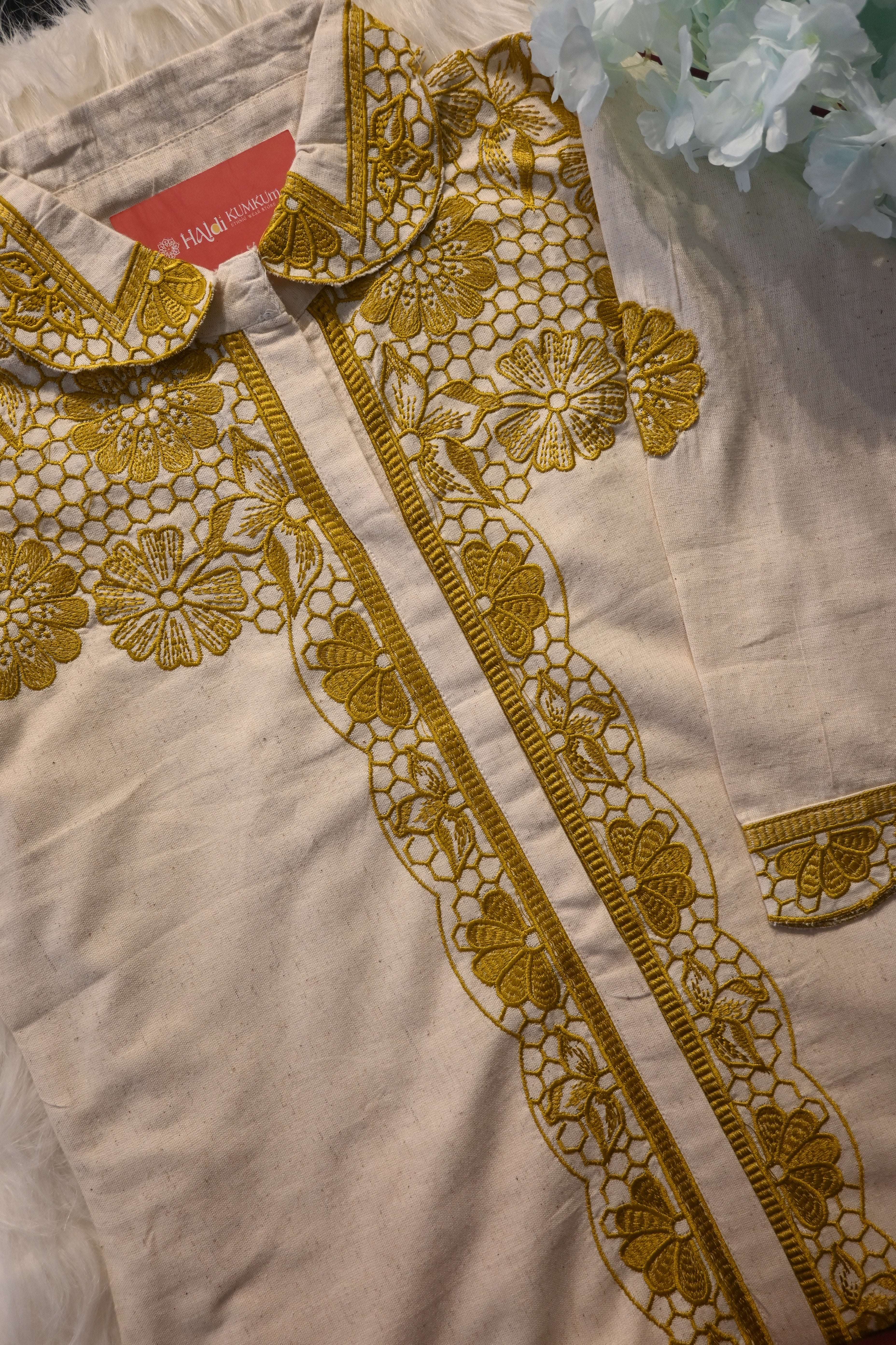 Beige Khadi Cotton Co-Ord Set with Yellow Embroidery | Handcrafted Ethnic Wear for Women