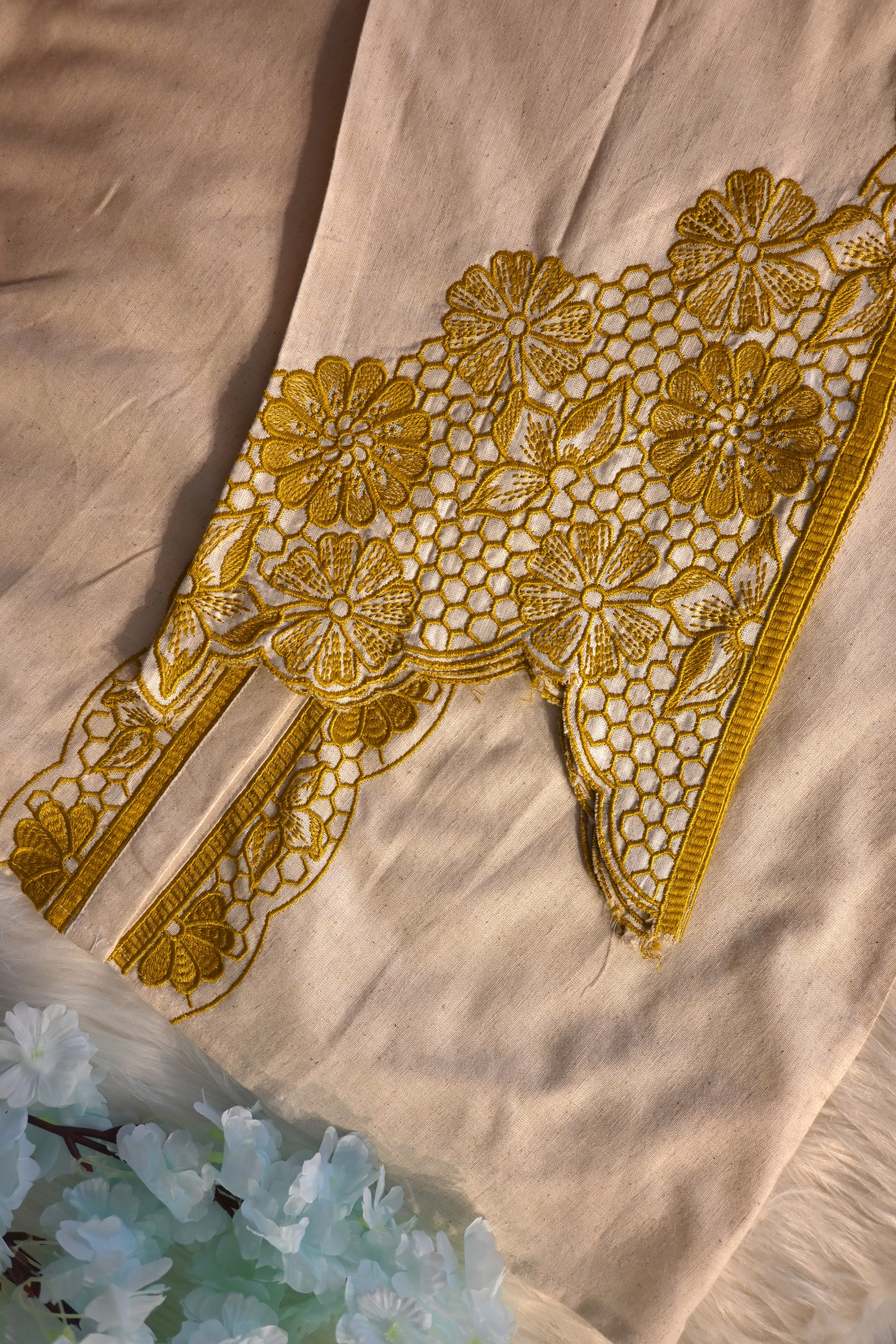 Beige Khadi Cotton Co-Ord Set with Yellow Embroidery | Handcrafted Ethnic Wear for Women