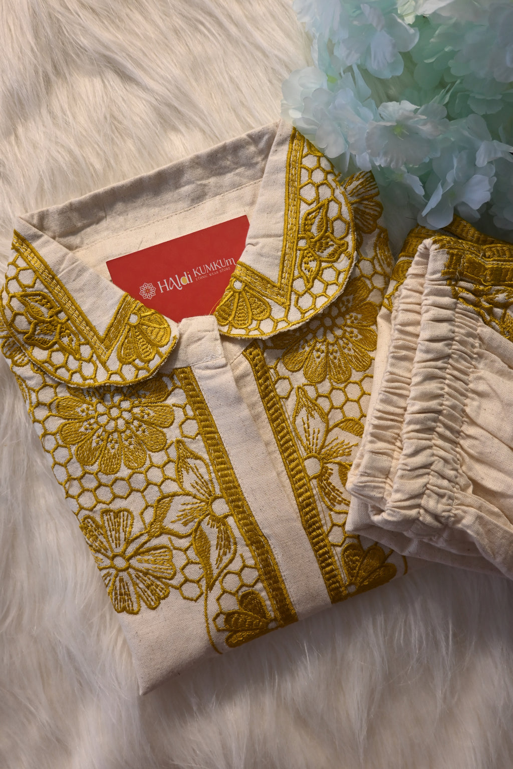Beige Khadi Cotton Co-Ord Set with Yellow Embroidery | Handcrafted Ethnic Wear for Women