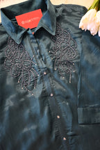 Dark Blue Embroidered Co-Ord Set for Women | Premium Shirt Style Kurta Pant Set