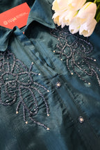 Dark Blue Embroidered Co-Ord Set for Women | Premium Shirt Style Kurta Pant Set