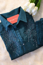 Dark Blue Embroidered Co-Ord Set for Women | Premium Shirt Style Kurta Pant Set