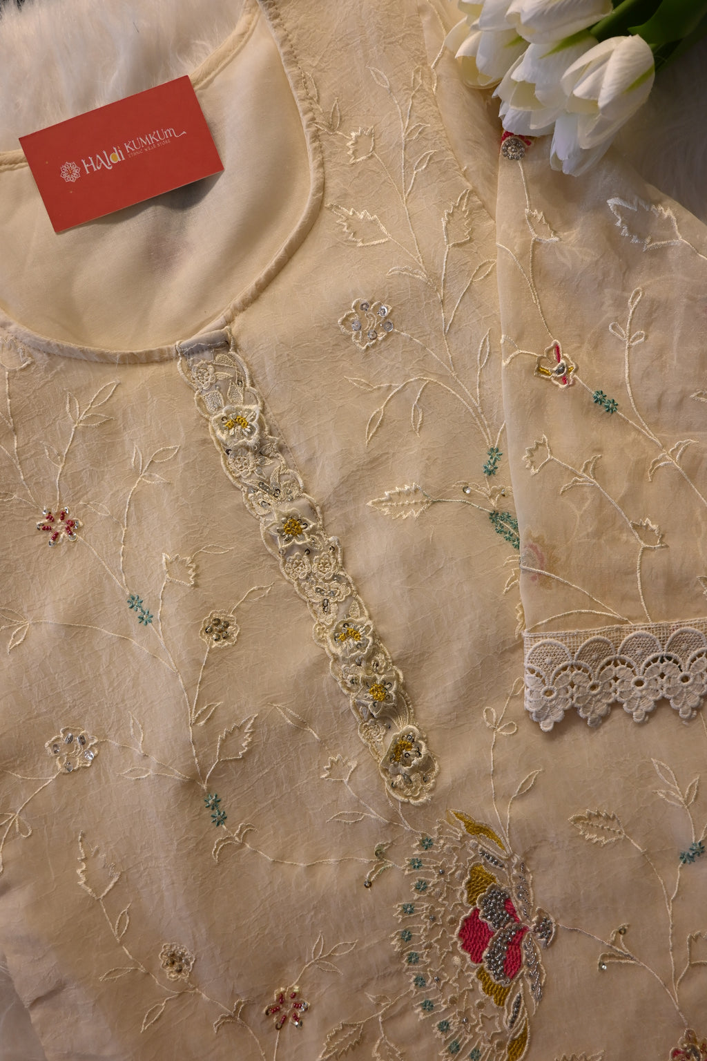 Off-White Embroidered Kurta Pant Set for Women | Elegant Ethnic Wear