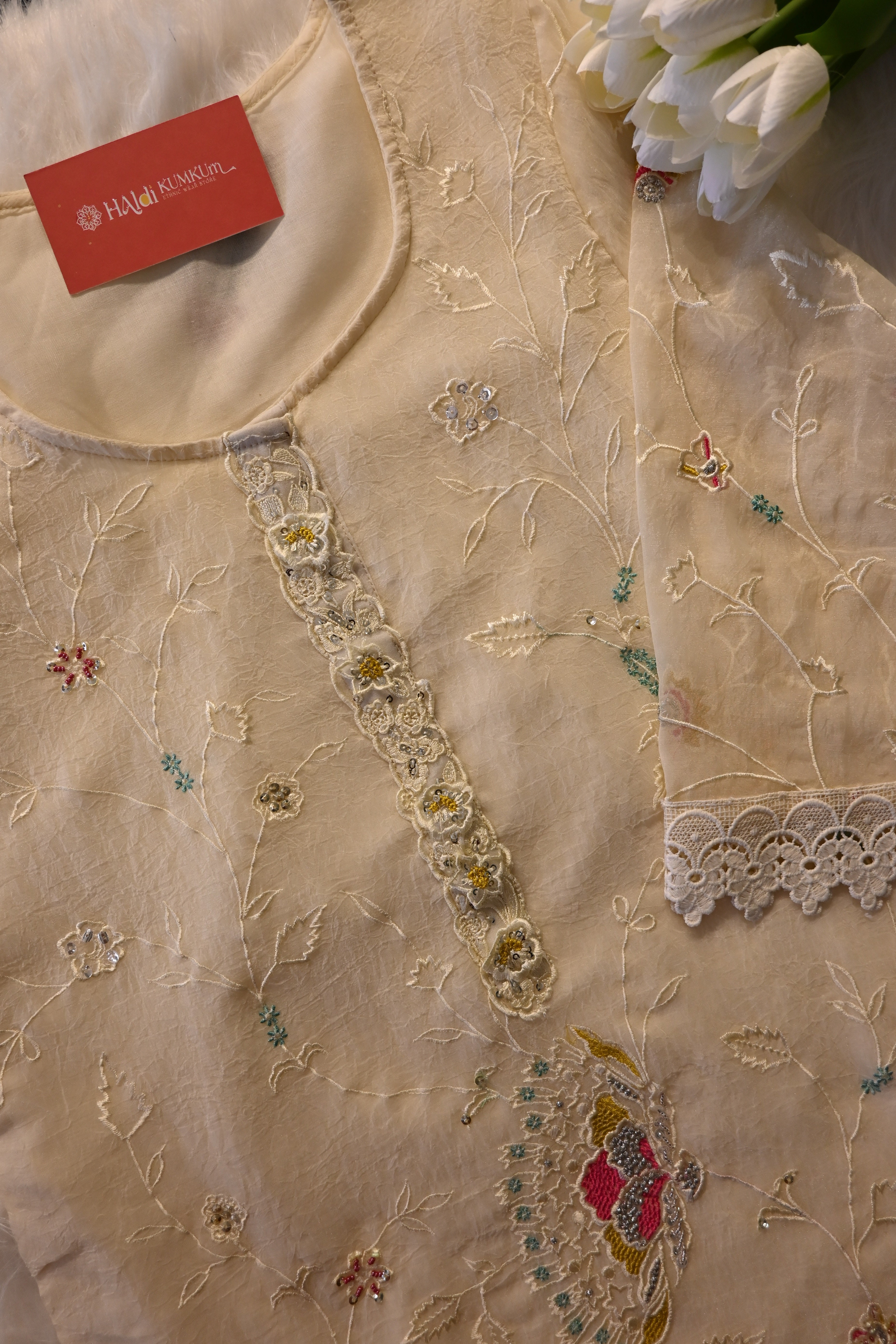 Off-White Embroidered Kurta Pant Set for Women | Elegant Ethnic Wear