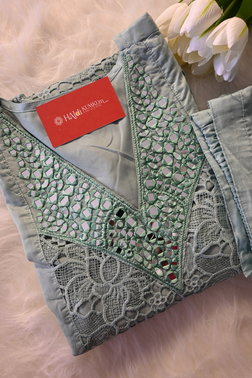 Light Blue Embroidered Kurta Pant Set for Women | Elegant Pastel Ethnic Wear
