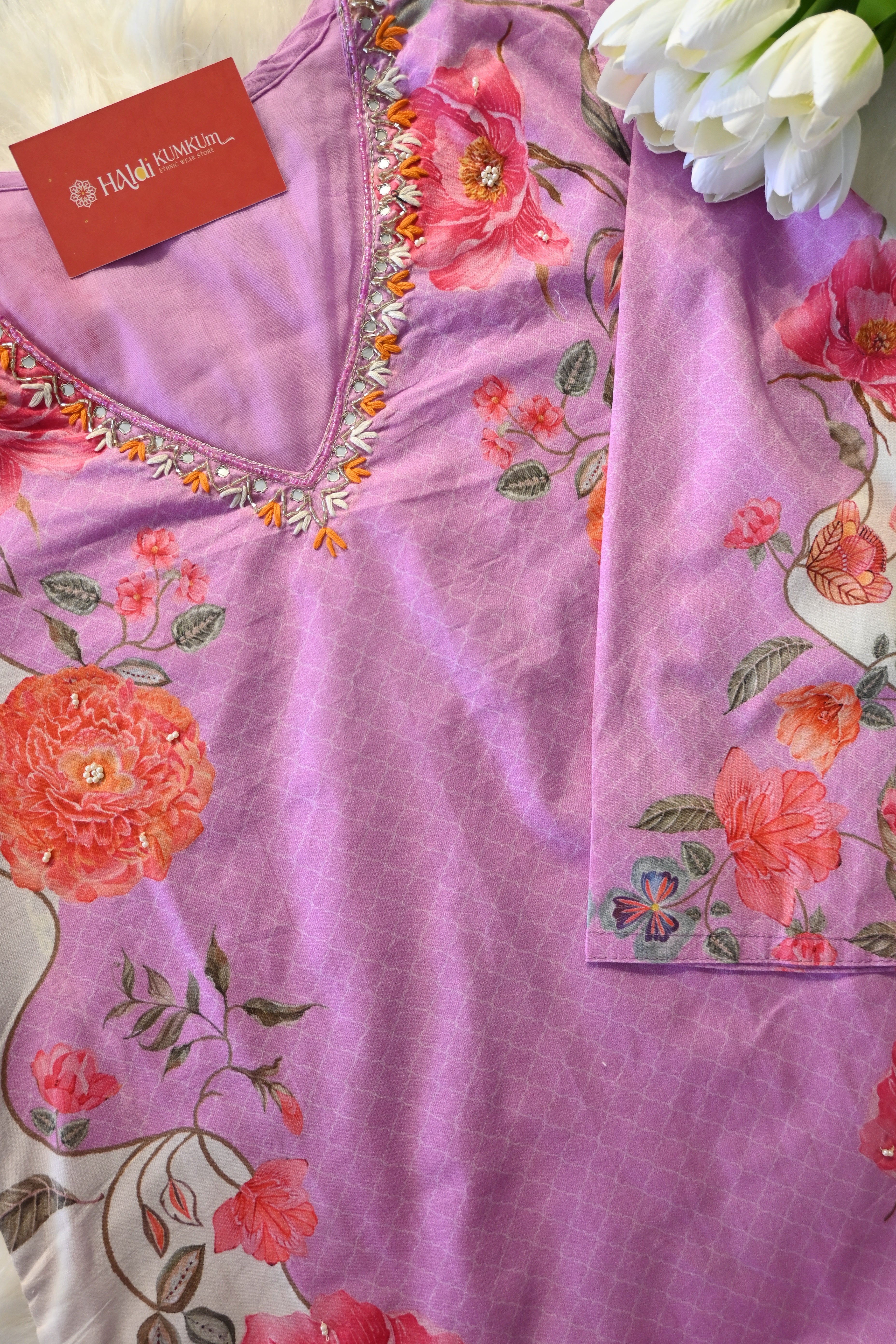 Lavender Floral Printed Co-Ord Set for Women | Elegant Cotton Ethnic Wear