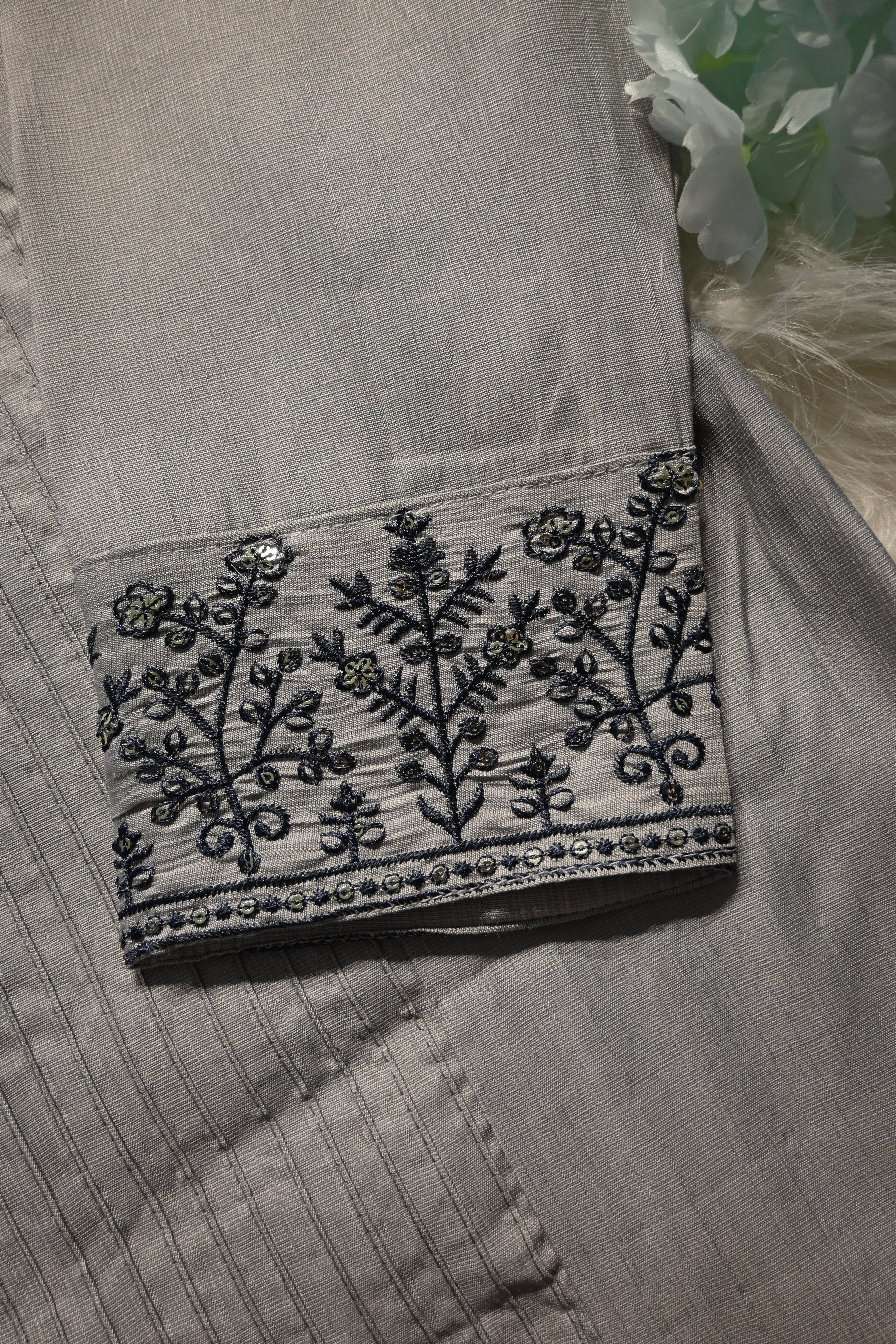Grey Cotton Kurta Pant Set for Women | Minimal Embroidered Straight Kurta Set