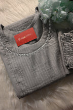Grey Cotton Kurta Pant Set for Women | Minimal Embroidered Straight Kurta Set