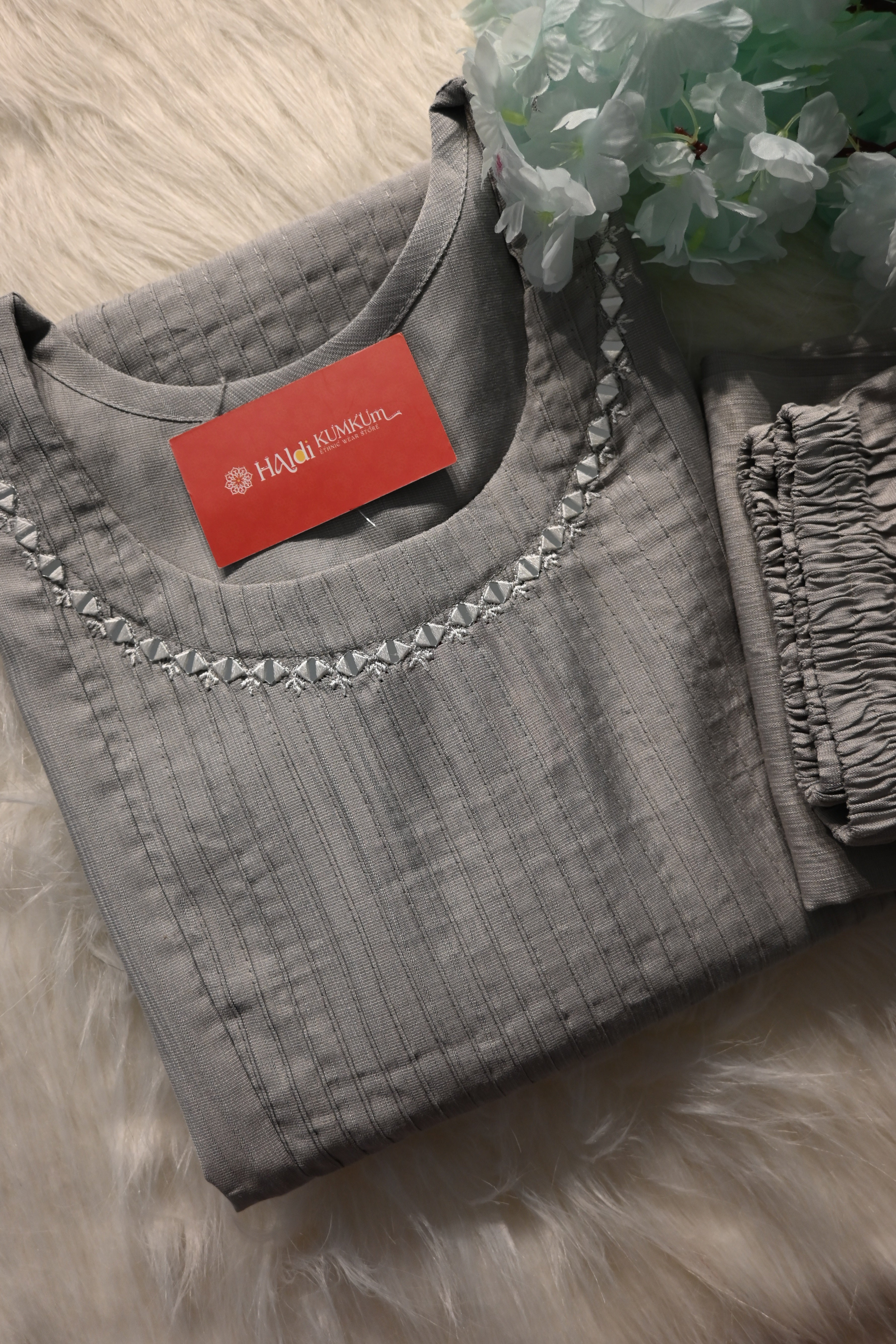 Grey Cotton Kurta Pant Set for Women | Minimal Embroidered Straight Kurta Set