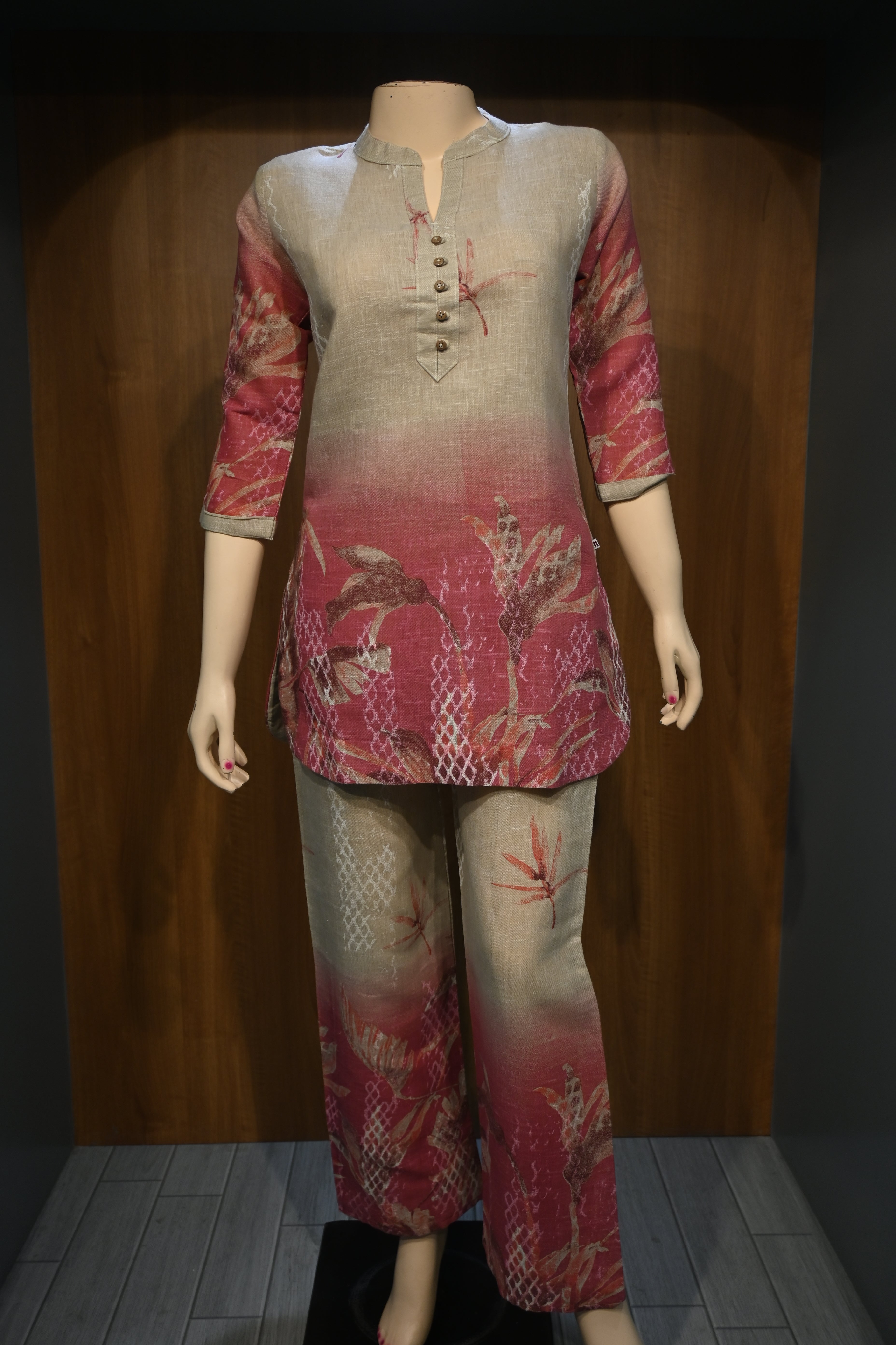 Beige Red Ombre Printed Co-Ord Set for Women | Cotton Ethnic Kurta Pant Set