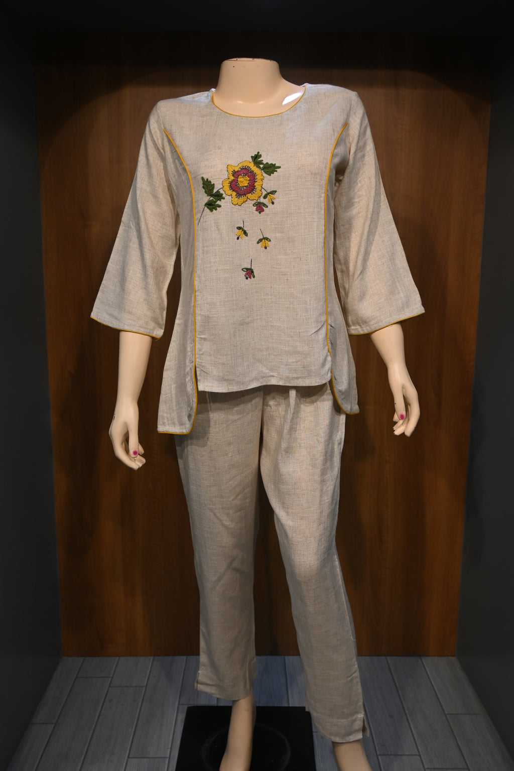 Beige Khadi Cotton Co-Ord Set for Women | Hand Embroidered Kurta Pant Set