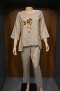 Beige Khadi Cotton Co-Ord Set for Women | Hand Embroidered Kurta Pant Set