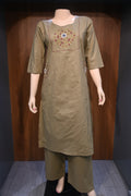 Light Olive Cotton Co-Ord Set for Women | Embroidered Kurta Pant Set