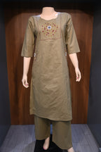 Light Olive Cotton Co-Ord Set for Women | Embroidered Kurta Pant Set