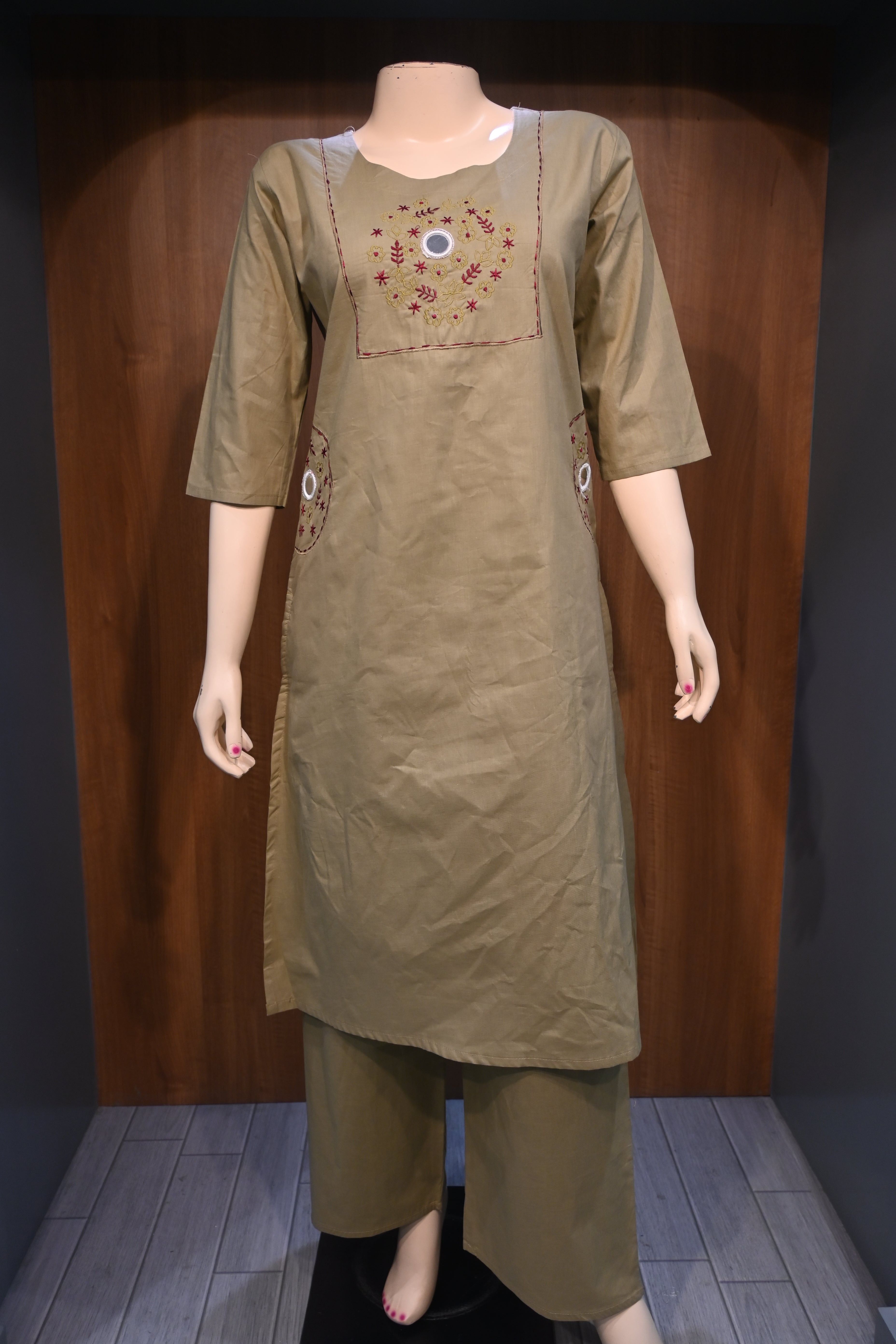 Light Olive Cotton Co-Ord Set for Women | Embroidered Kurta Pant Set