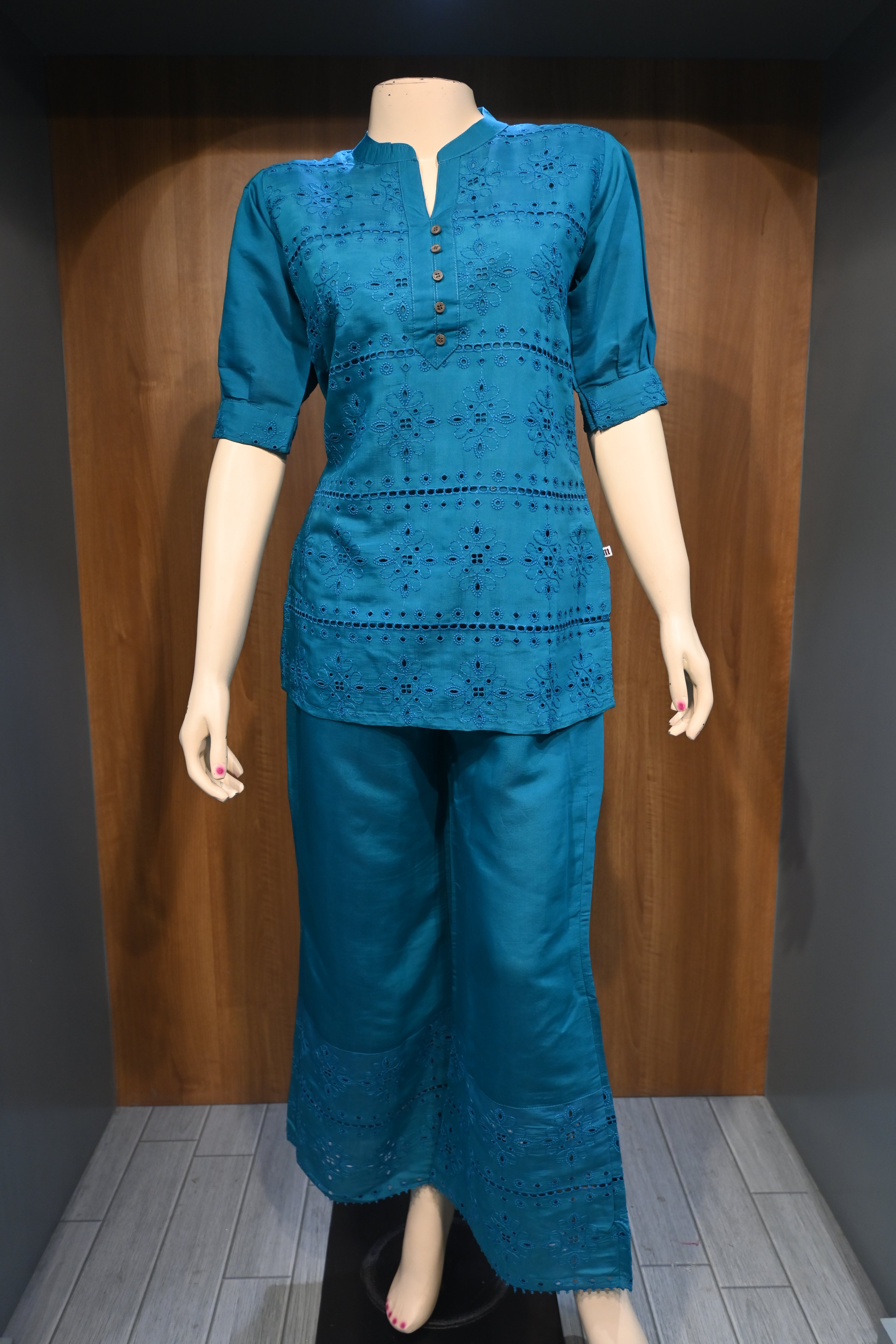 Teal Blue Embroidered Co-Ord Set for Women | Elegant Cotton Kurta Pant Set
