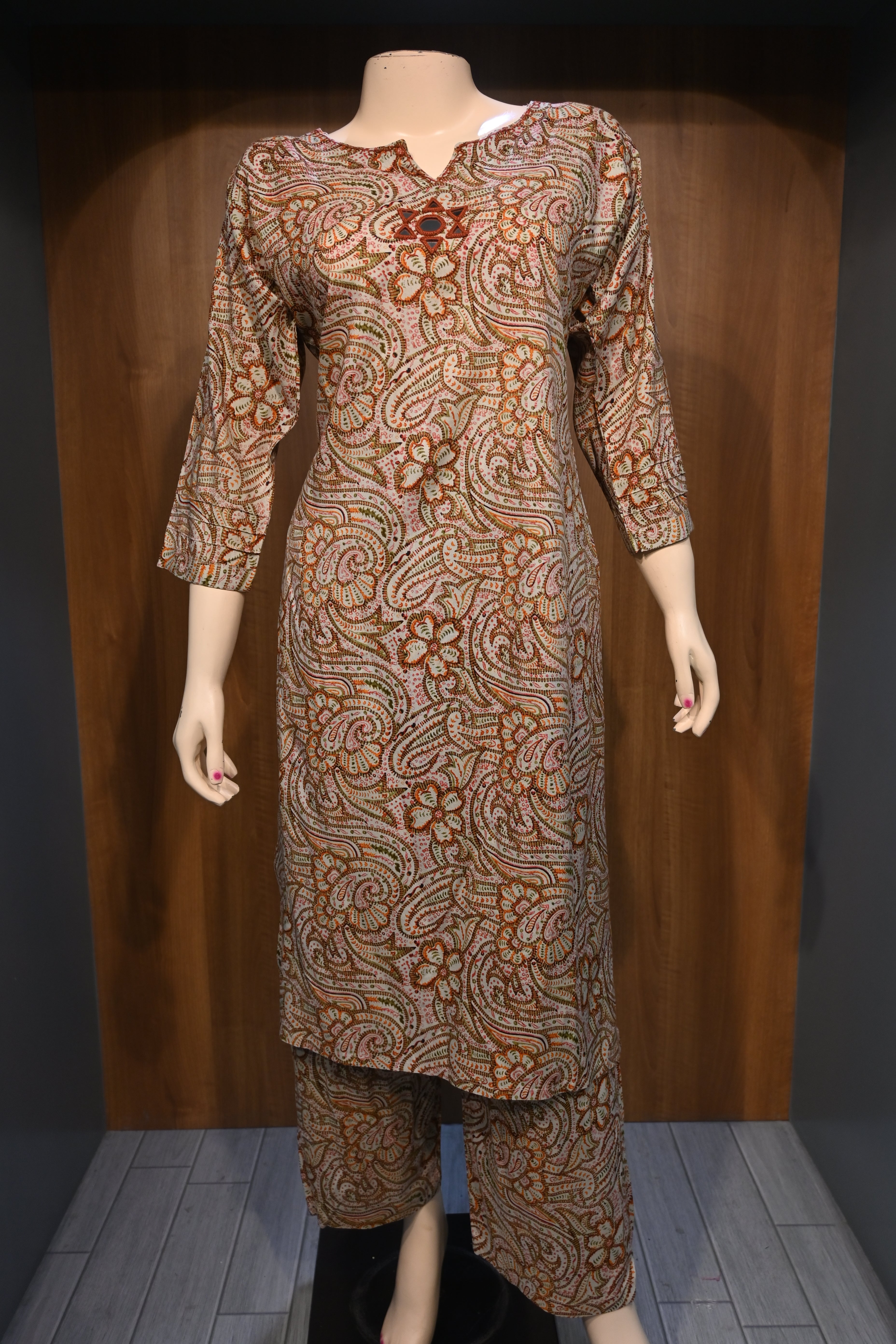 Beige Paisley Printed Co-Ord Set for Women | Classic Ethnic Kurta Pant Set