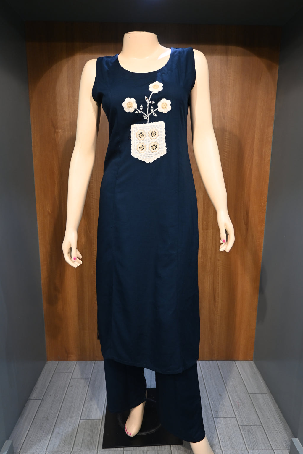 Navy Blue Sleeveless Kurta Set for Women | Minimal Embroidered Ethnic Wear
