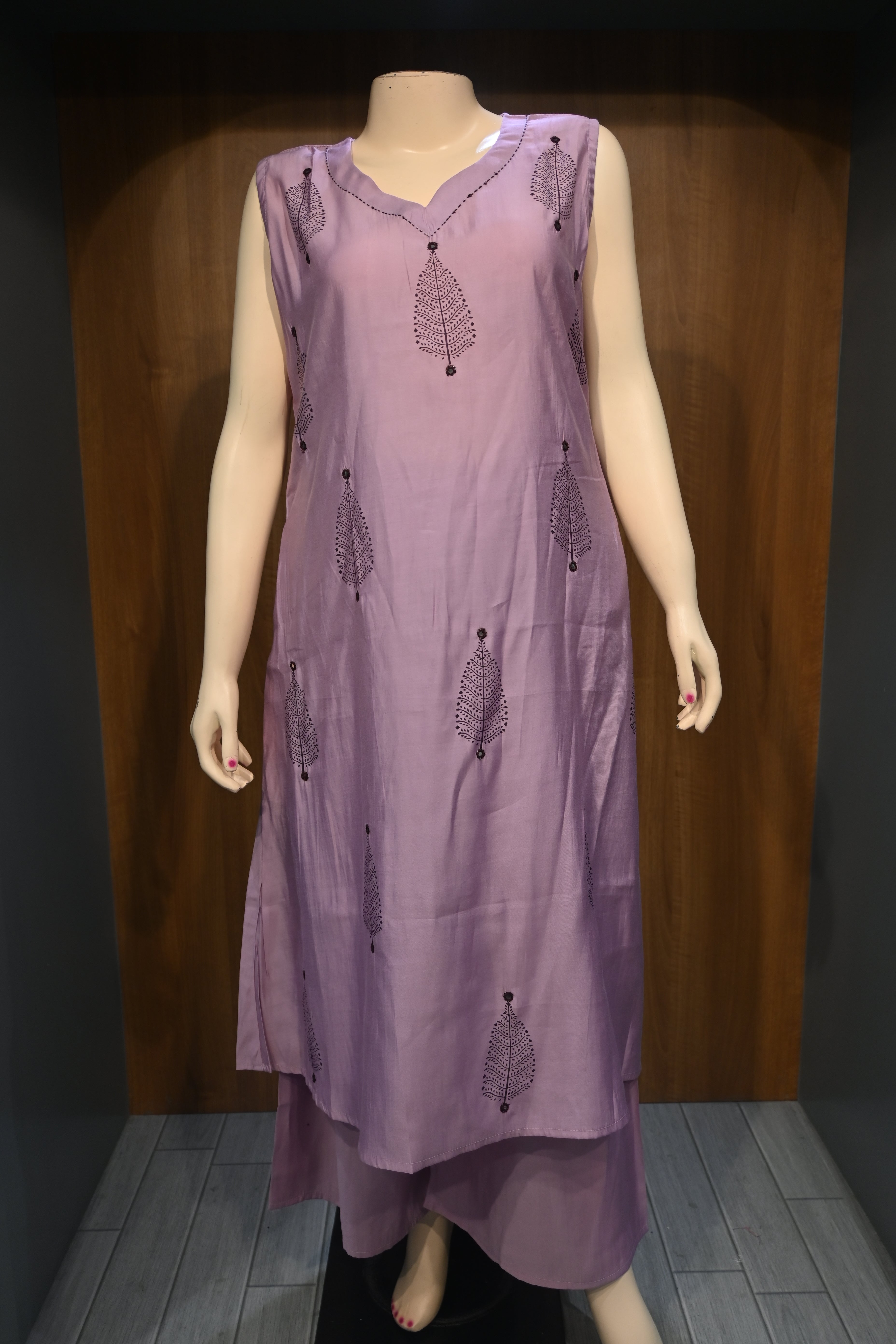 Lavender Cotton Kurta Pant Set for Women | Sleeveless Printed Ethnic Set