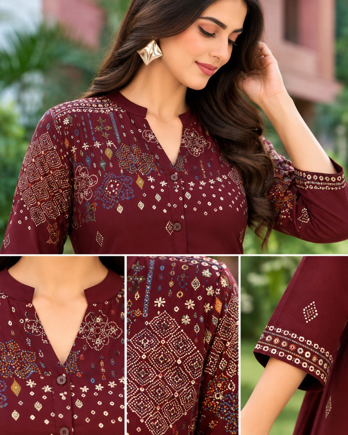 Purple, Brown, Black & Maroon Printed High-Low Kurta Palazzo Set for Women