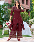Purple, Brown, Black & Maroon Printed High-Low Kurta Palazzo Set for Women