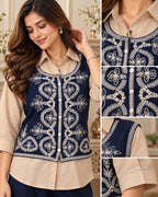 Navy Blue and Beige Embroidered Sleeveless Jacket Co-Ord Set for Women Back View