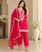 Rani Pink Embroidered 3-Piece Suit Set with Dupatta for Women