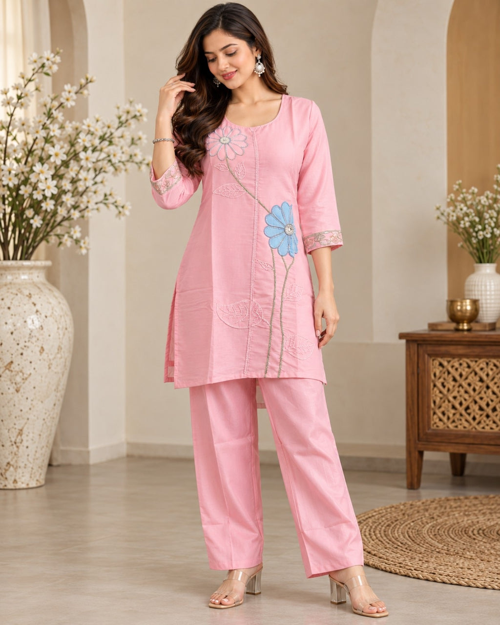 Pink Floral Embroidered Kurta Pant Set for Women