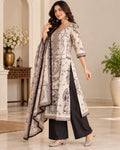 Cream Black Printed 3-Piece Suit Set for Women with Matching Dupatta