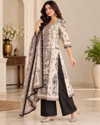 Cream Black Printed 3-Piece Suit Set for Women with Matching Dupatta