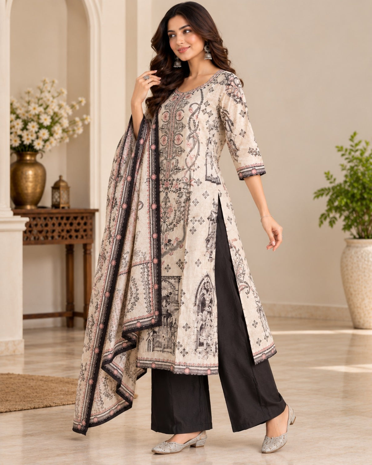 Cream Black Printed 3-Piece Suit Set for Women with Matching Dupatta
