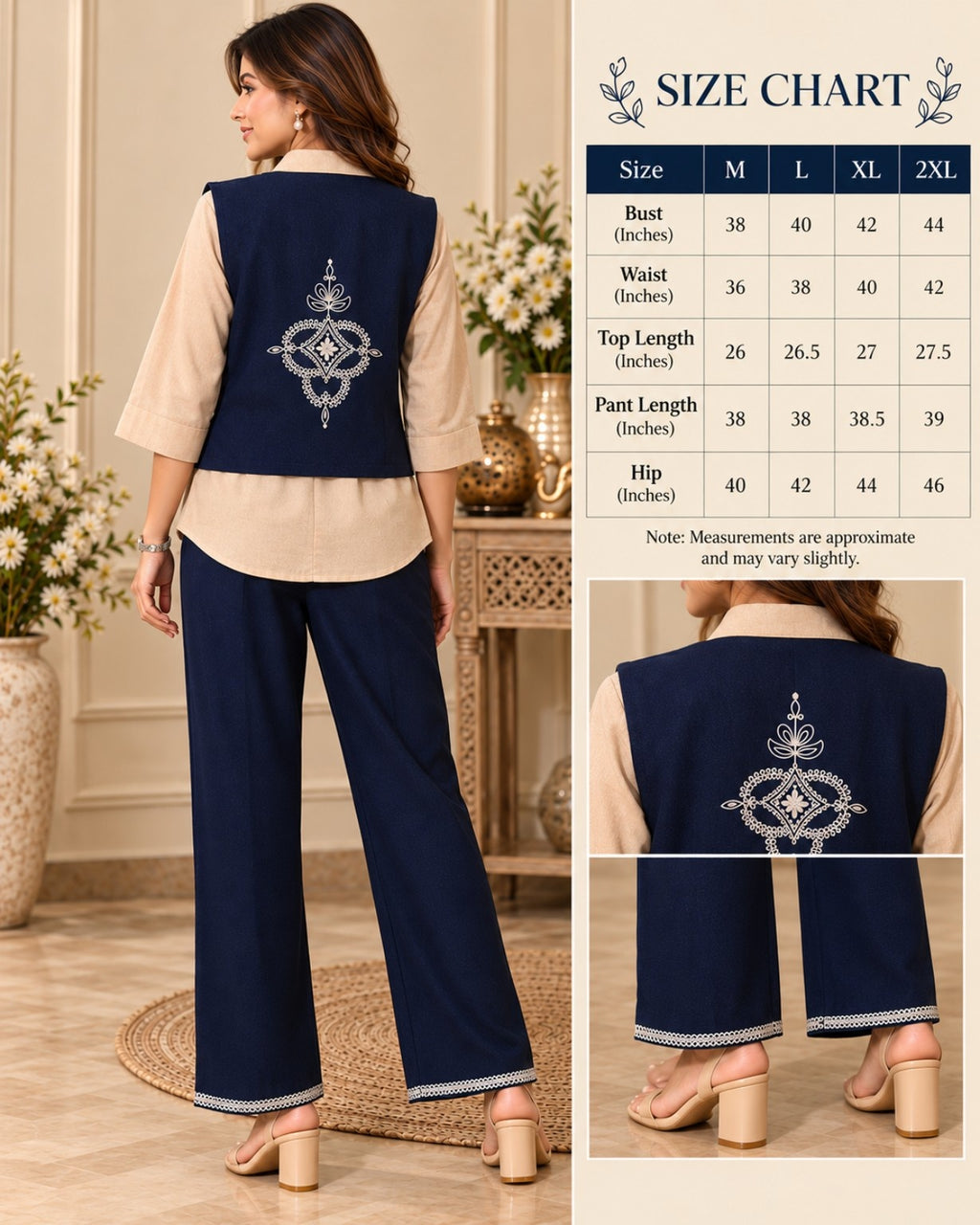 Navy Blue and Beige Floral Embroidered Co-Ord Set for Women Detail