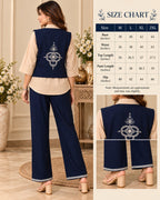 Navy Blue and Beige Floral Embroidered Co-Ord Set for Women Detail