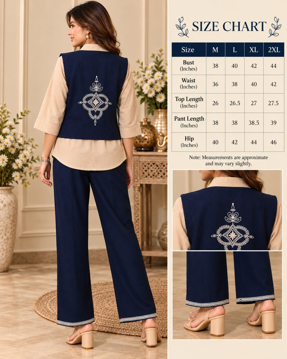 Navy Blue and Beige Floral Embroidered Co-Ord Set for Women Detail