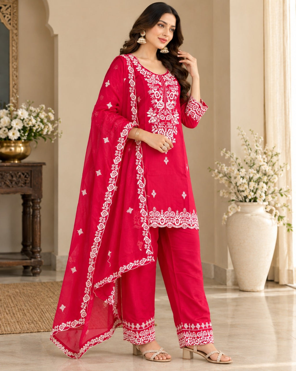 Rani Pink Embroidered 3-Piece Suit Set with Dupatta for Women
