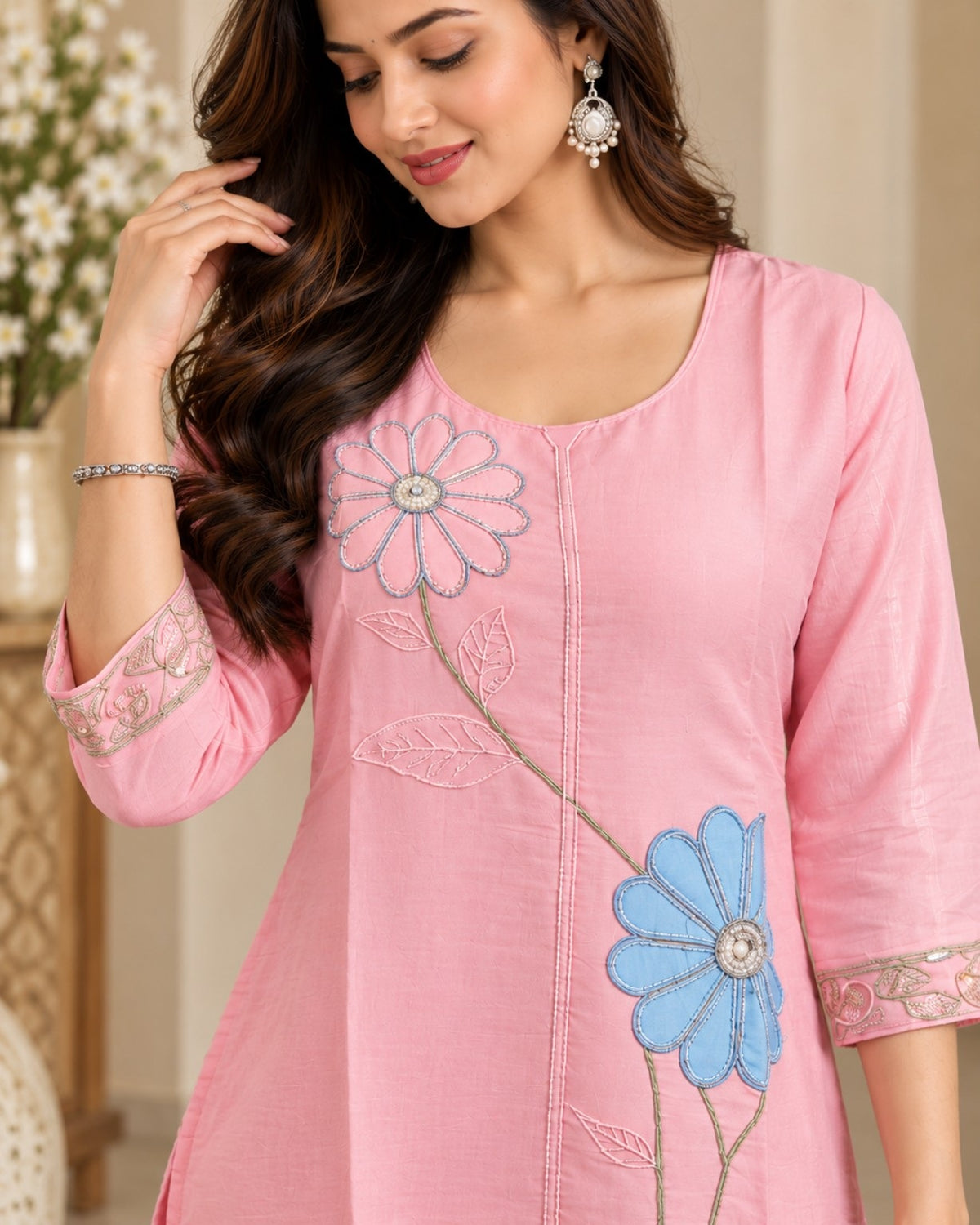 Pink Floral Embroidered Kurta Pant Set for Women