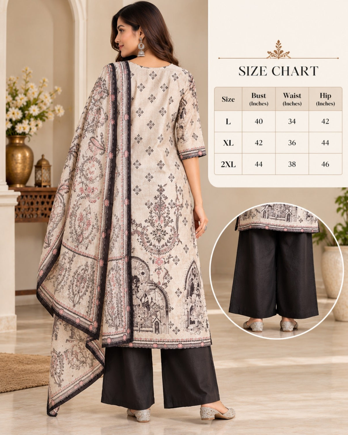 Cream Black Printed 3-Piece Suit Set for Women with Matching Dupatta