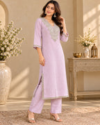 Lavender Embroidered Straight Kurta Pant Set for Women