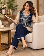Navy Blue and Beige Embroidered Co-Ord Set for Women Side View