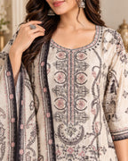 Cream Black Printed 3-Piece Suit Set for Women with Matching Dupatta